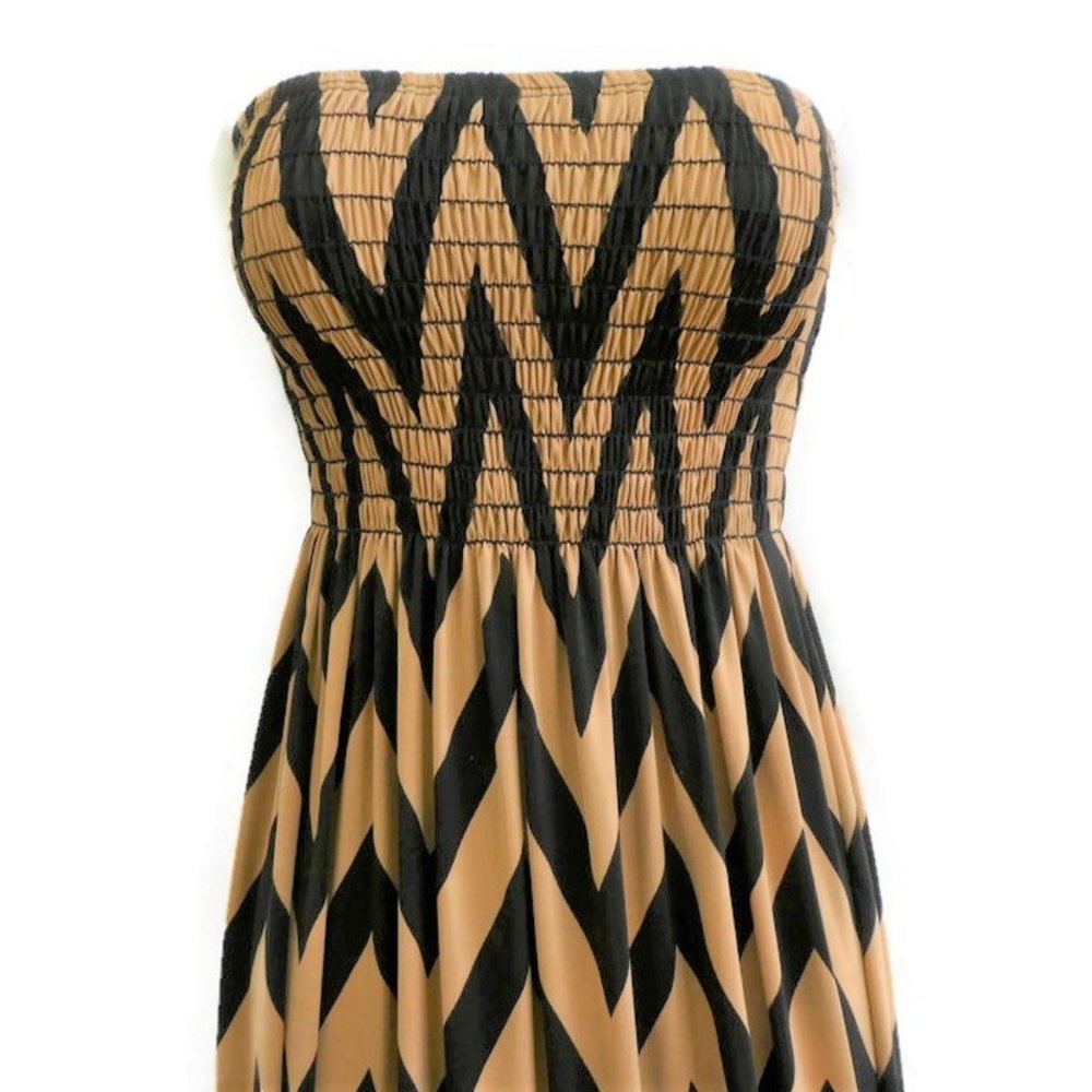 Francesca's Black Beige Chevron Maxi Dress Smocked Bodice Strapless Bird Cage - Picture 2 of 8